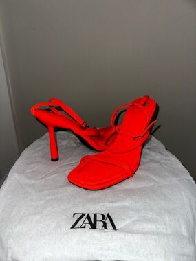 Zara Bright Neon Orange Strappy Stiletto Sandals